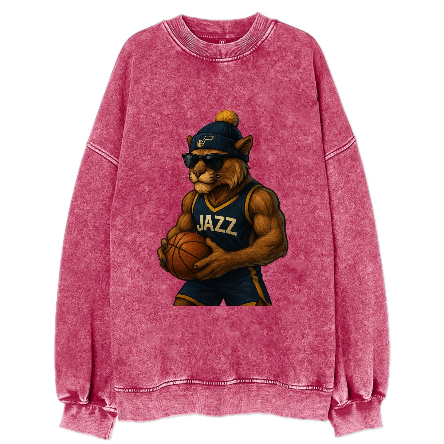 Utah Mountain Lion wearing Jazz navy and yellow beanie with music note and - Vintage Sweatshirt - Pink