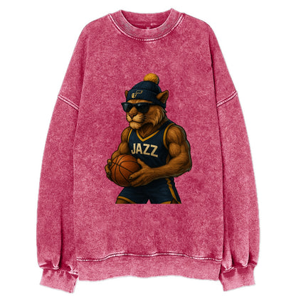 Utah Mountain Lion wearing Jazz navy and yellow beanie with music note and - Vintage Sweatshirt - Pink