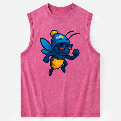 LA Lightning Bug wearing Chargers powder blue and gold beanie with pom pom - Vintage Washed Tank - Pink
