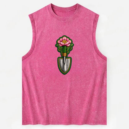 Embroidered patch design - GARDENING TROWEL FLOWER - garden tool with - Vintage Washed Tank - Pink
