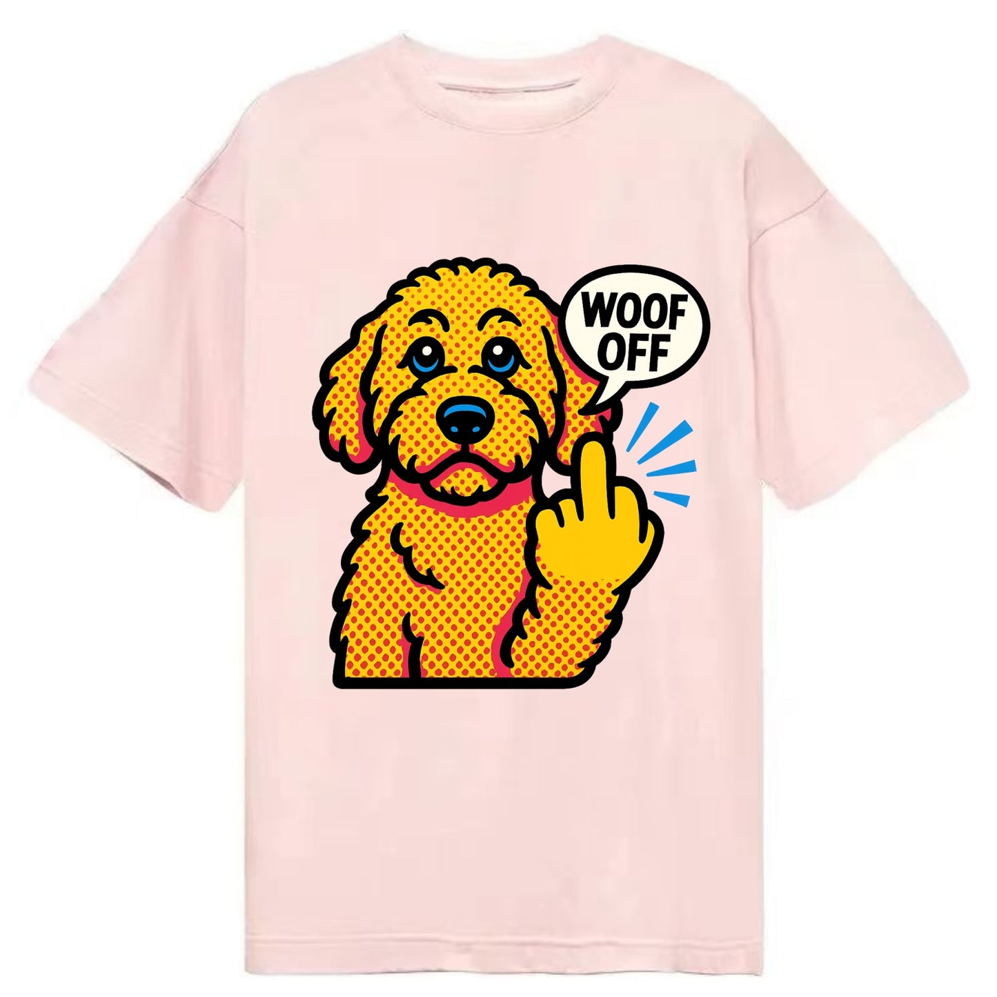 Goldendoodle with teddy bear face and curly golden coat, friendly paw flipping off - Classic T-shirt - Pink