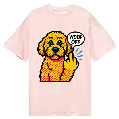 Goldendoodle with teddy bear face and curly golden coat, friendly paw flipping off - Classic T-shirt - Pink