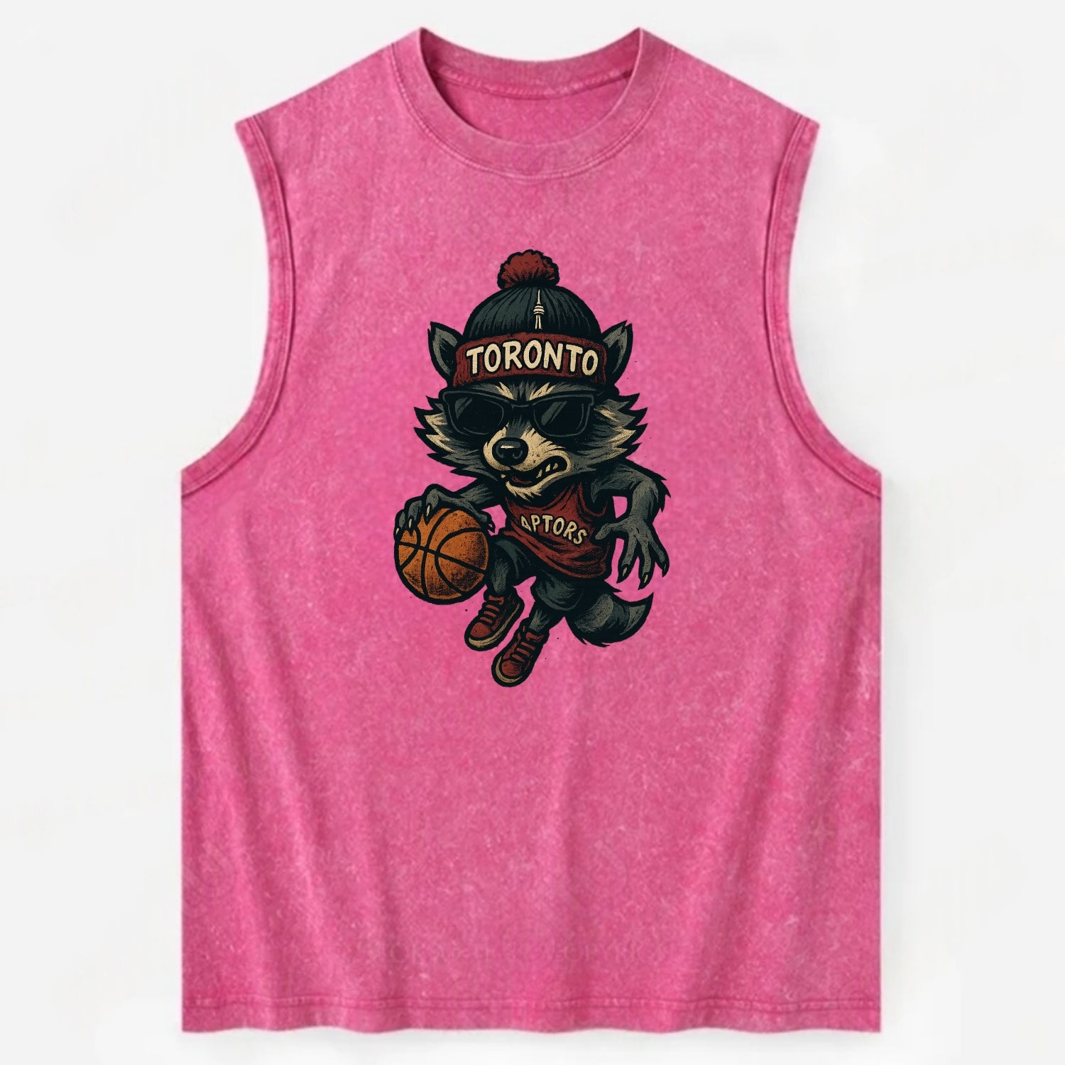 Toronto Raccoon wearing Raptors beanie with CN Tower patch and wayfarer - Vintage Washed Tank - Pink