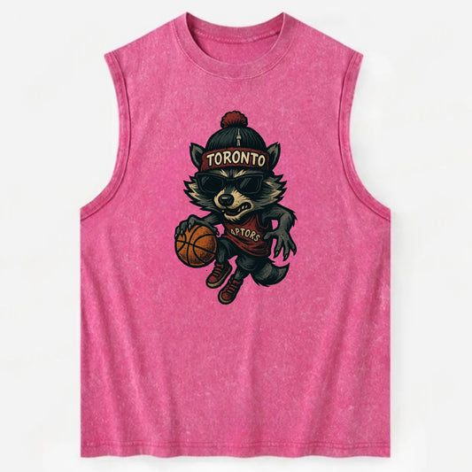 Toronto Raccoon wearing Raptors beanie with CN Tower patch and wayfarer - Vintage Washed Tank - Pink