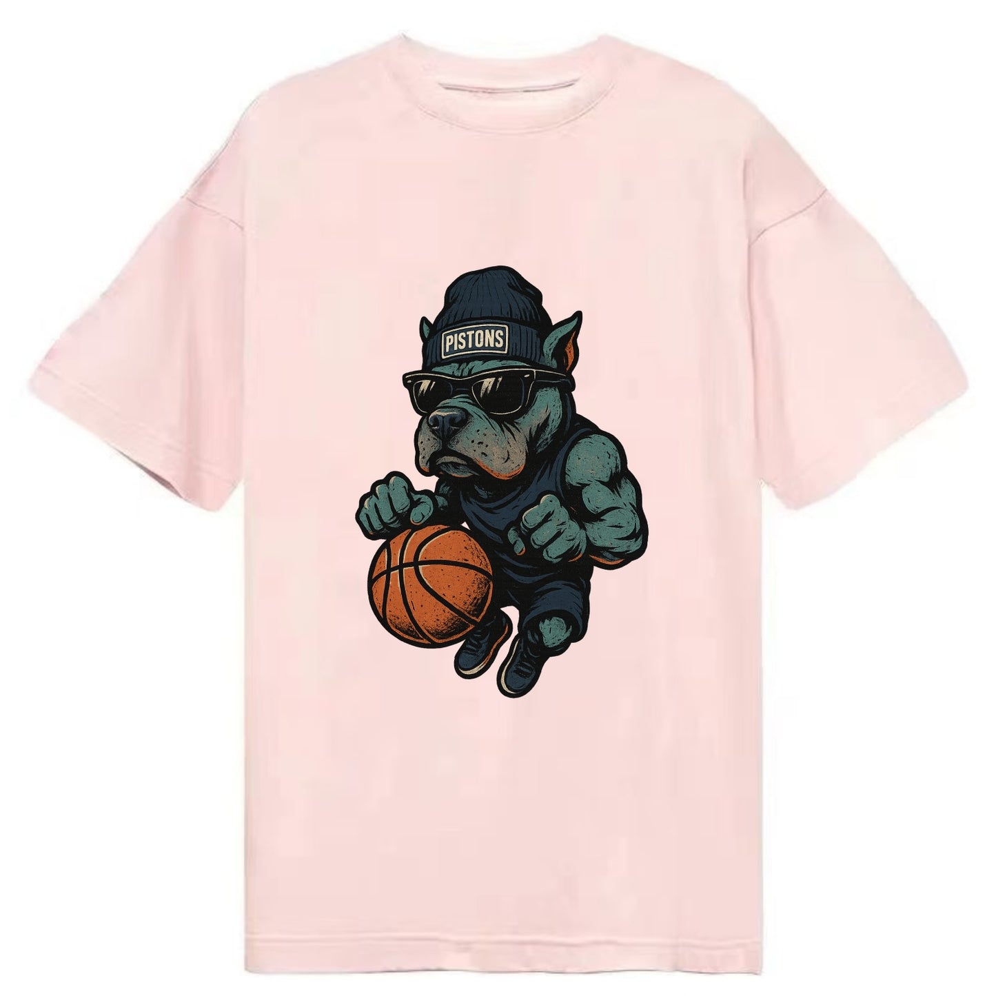 Detroit Pitbull wearing Pistons beanie with chrome patch and wayfarer sunglasses - Classic T-shirt - Pink