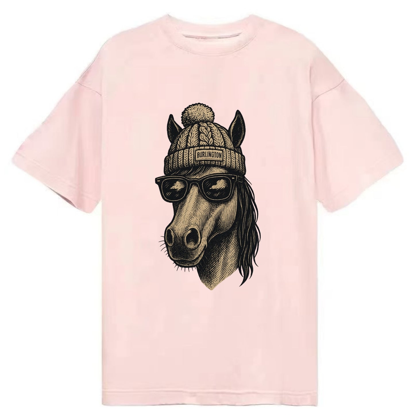 Vermont Morgan Horse wearing Burlington beanie with pom pom and wayfarer - Classic T-shirt - Pink