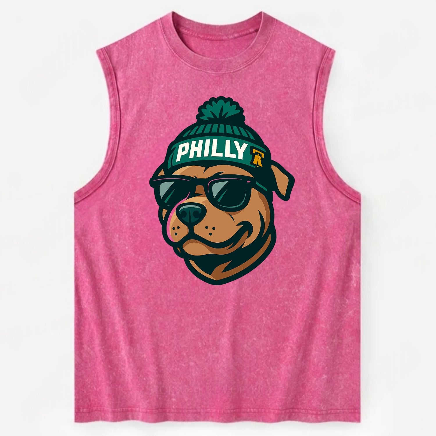 Philly Pitbull wearing Eagles beanie with Liberty Bell patch and wayfarer - Vintage Washed Tank - Pink