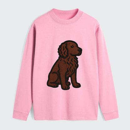 Boykin Spaniel - Rich chocolate brown wavy coat embroidered sitting pose - Classic Long Sleeve Shirt - Pink