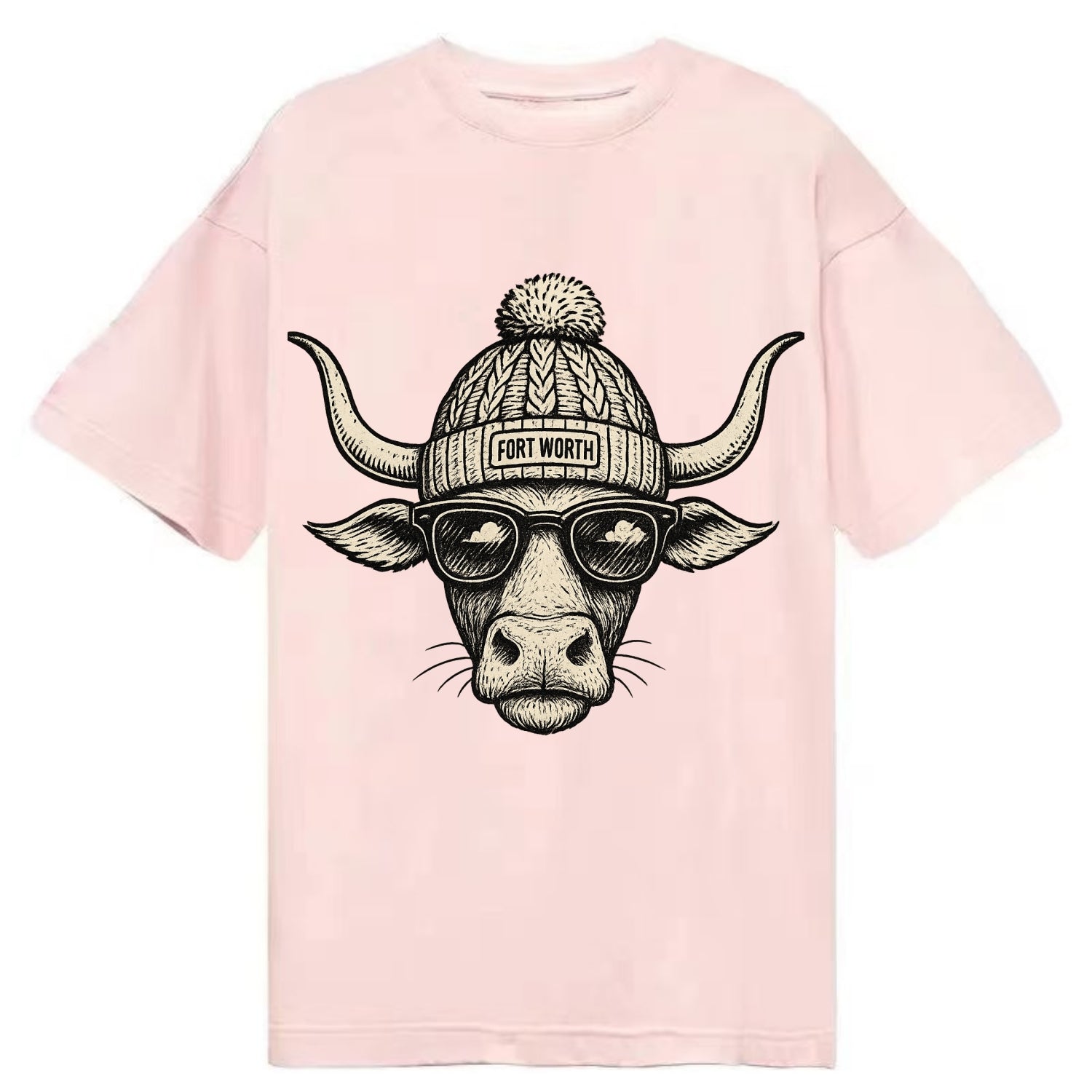 Fort Worth Longhorn wearing Fort Worth beanie with pom pom and wayfarer sunglasses - Classic T-shirt - Pink