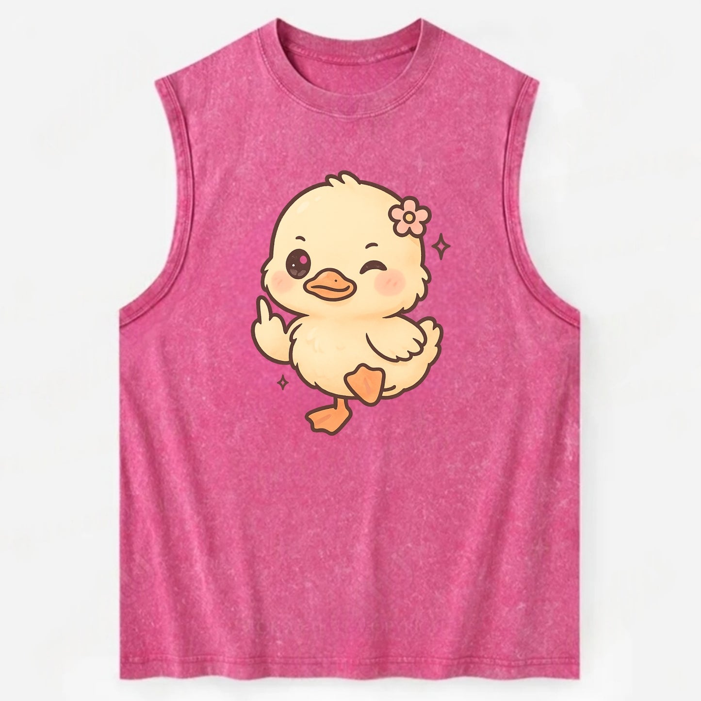 fluffy baby duck with small flower, one webbed foot raised sassily - Vintage Washed Tank - Pink
