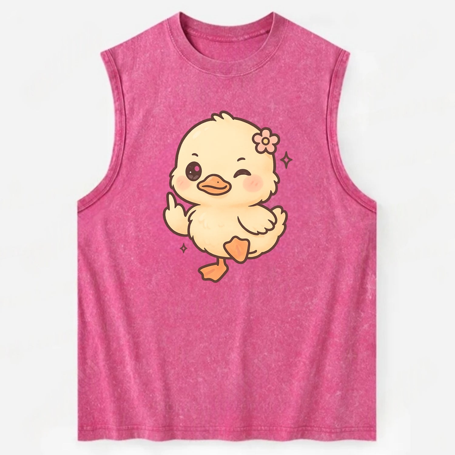 fluffy baby duck with small flower, one webbed foot raised sassily - Vintage Washed Tank - Pink