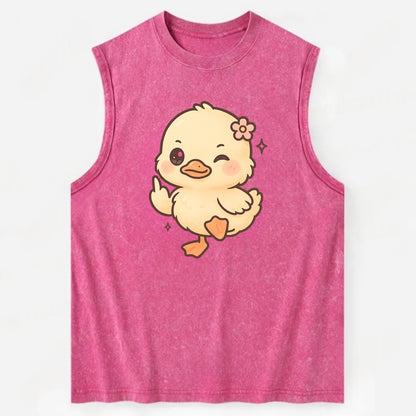 fluffy baby duck with small flower, one webbed foot raised sassily - Vintage Washed Tank - Pink