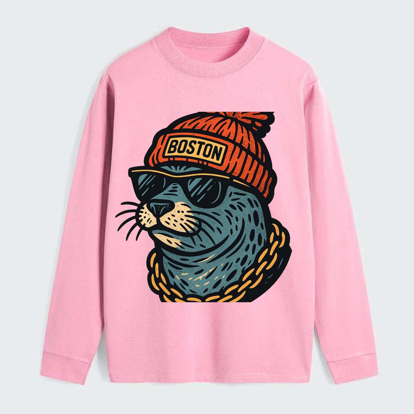 Boston Harbor Seal wearing Boston beanie with pom pom and wayfarer - Classic Long Sleeve Shirt - Pink