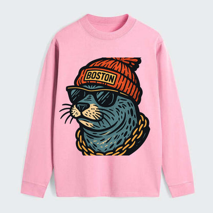 Boston Harbor Seal wearing Boston beanie with pom pom and wayfarer - Classic Long Sleeve Shirt - Pink