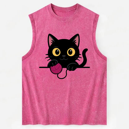 Midnight the black cat tapping the ledge rhythmically with one bright claw. - Vintage Washed Tank - Pink