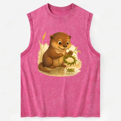 Otter weaving river reeds into a floating crown beside mirror-still water - Vintage Washed Tank - Pink