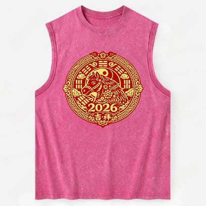 LUCKY HORSE MEDALLION | Circular medallion with horse profile | Intricate - Vintage Washed Tank - Pink
