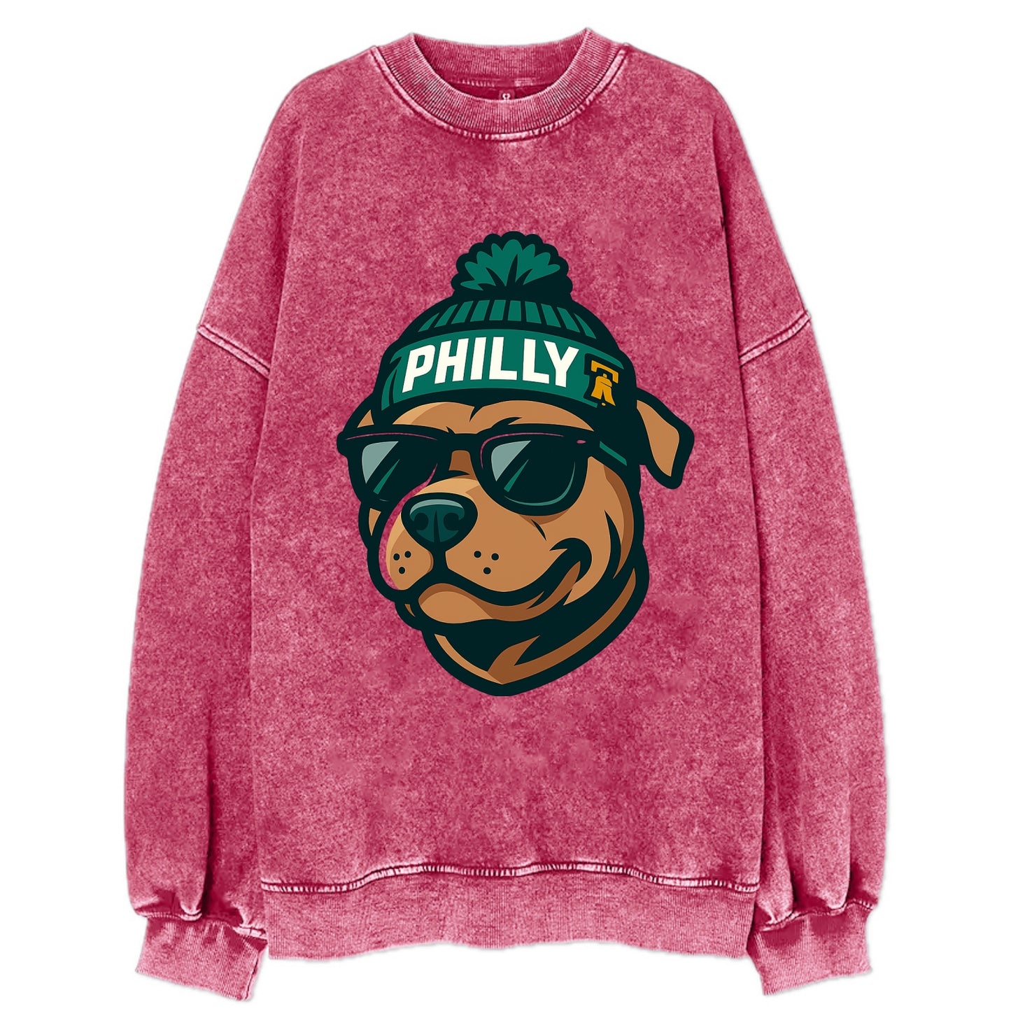Philly Pitbull wearing Eagles beanie with Liberty Bell patch and wayfarer - Vintage Sweatshirt - Pink