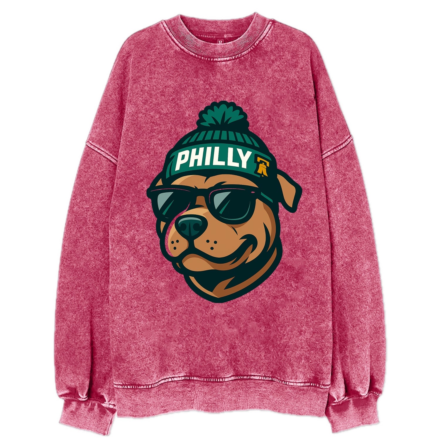 Philly Pitbull wearing Eagles beanie with Liberty Bell patch and wayfarer - Vintage Sweatshirt - Pink