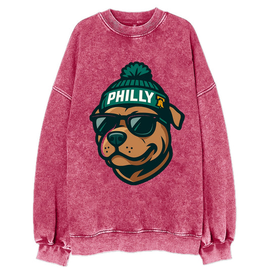 Philly Pitbull wearing Eagles beanie with Liberty Bell patch and wayfarer - Vintage Sweatshirt - Pink