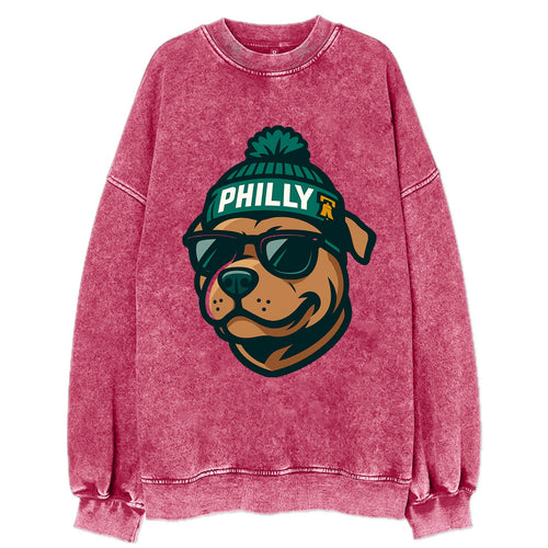 Philly Pitbull wearing Eagles beanie with Liberty Bell patch and wayfarer - Vintage Sweatshirt