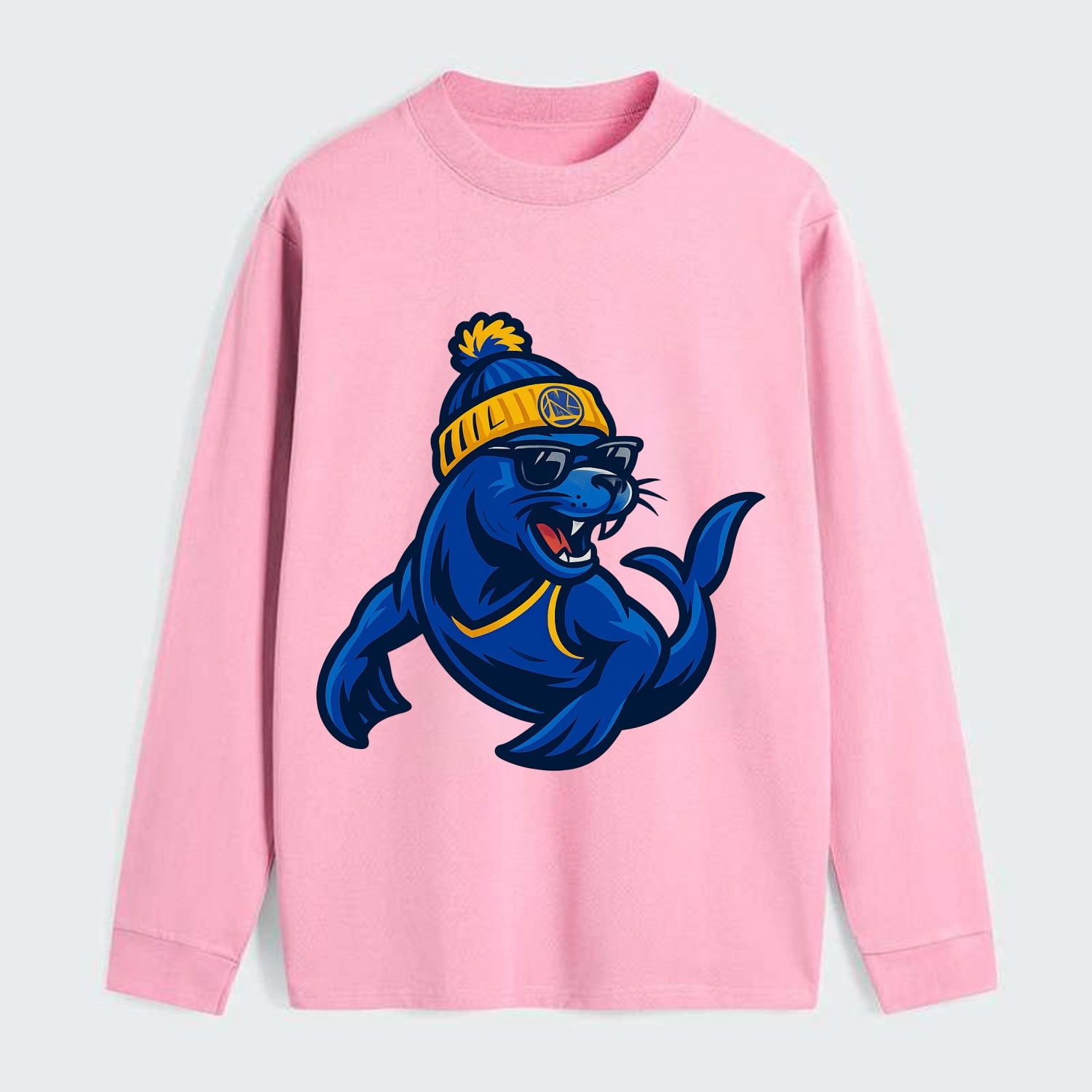 Bay Area Sea Lion wearing Warriors blue and gold beanie with Golden - Classic Long Sleeve Shirt - Pink