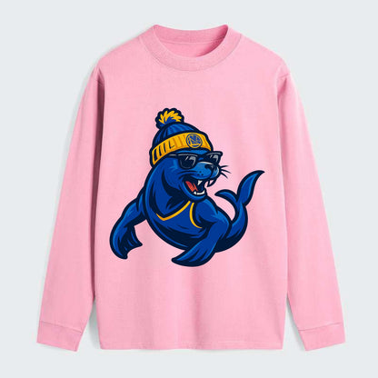 Bay Area Sea Lion wearing Warriors blue and gold beanie with Golden - Classic Long Sleeve Shirt - Pink