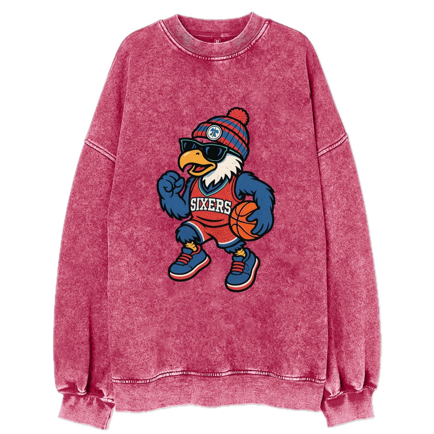 Philadelphia Eagle wearing 76ers red white and blue beanie with bell patch and - Vintage Sweatshirt - Pink
