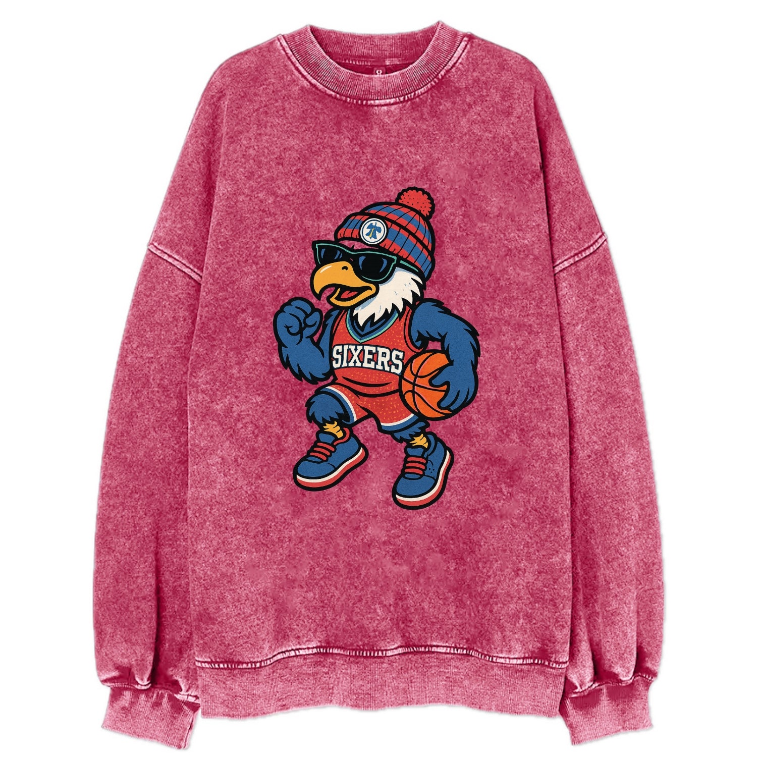 Philadelphia Eagle wearing 76ers red white and blue beanie with bell patch and - Vintage Sweatshirt - Pink