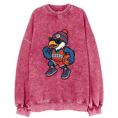 Philadelphia Eagle wearing 76ers red white and blue beanie with bell patch and - Vintage Sweatshirt - Pink