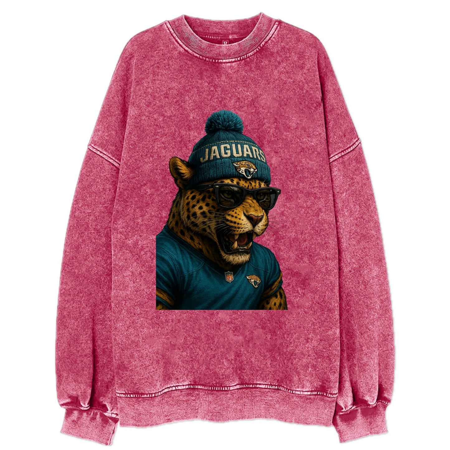 Jacksonville Jaguar wearing Jaguars teal and gold beanie with pom pom and - Vintage Sweatshirt - Pink