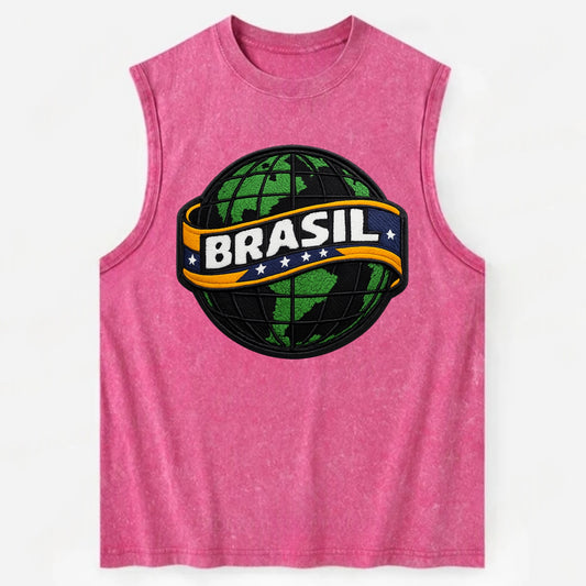 BRAZILIAN FLAG GLOBE - green globe with banner in green yellow blue , Brasil - Vintage Washed Tank - Pink