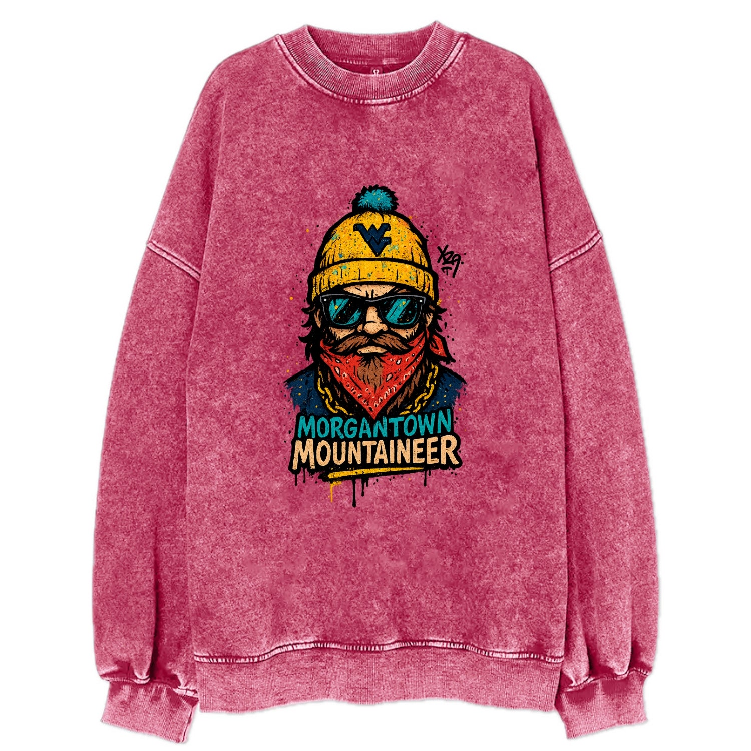Morgantown Mountaineer wearing West Virginia beanie with WV patch - Vintage Sweatshirt - Pink