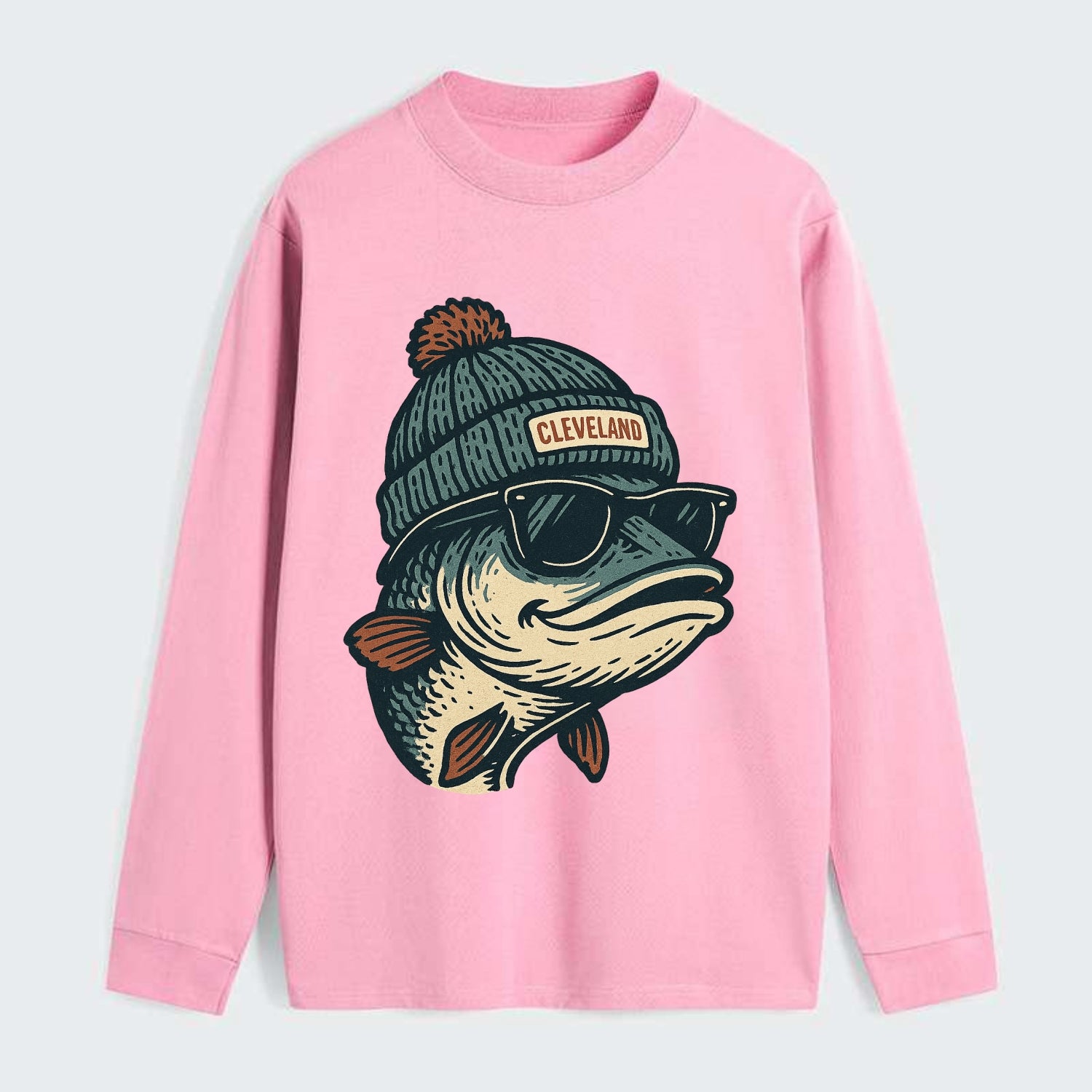 Cleveland Lake Erie Walleye wearing Cleveland beanie with pom pom and - Classic Long Sleeve Shirt - Pink