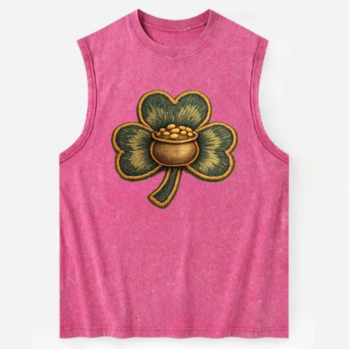 ST PATRICKS CLOVER - lucky clover with gold in green and gold , Irish luck - Vintage Washed Tank - Pink