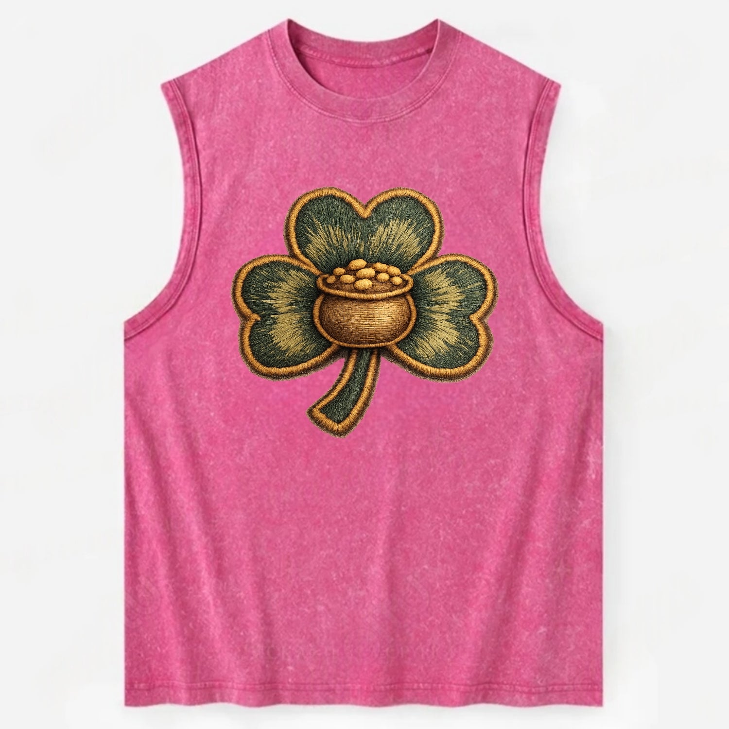 ST PATRICKS CLOVER - lucky clover with gold in green and gold , Irish luck - Vintage Washed Tank - Pink