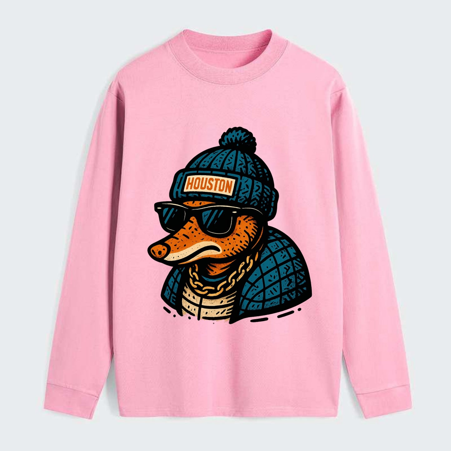 Houston Armadillo wearing Houston beanie with pom pom and wayfarer - Classic Long Sleeve Shirt - Pink