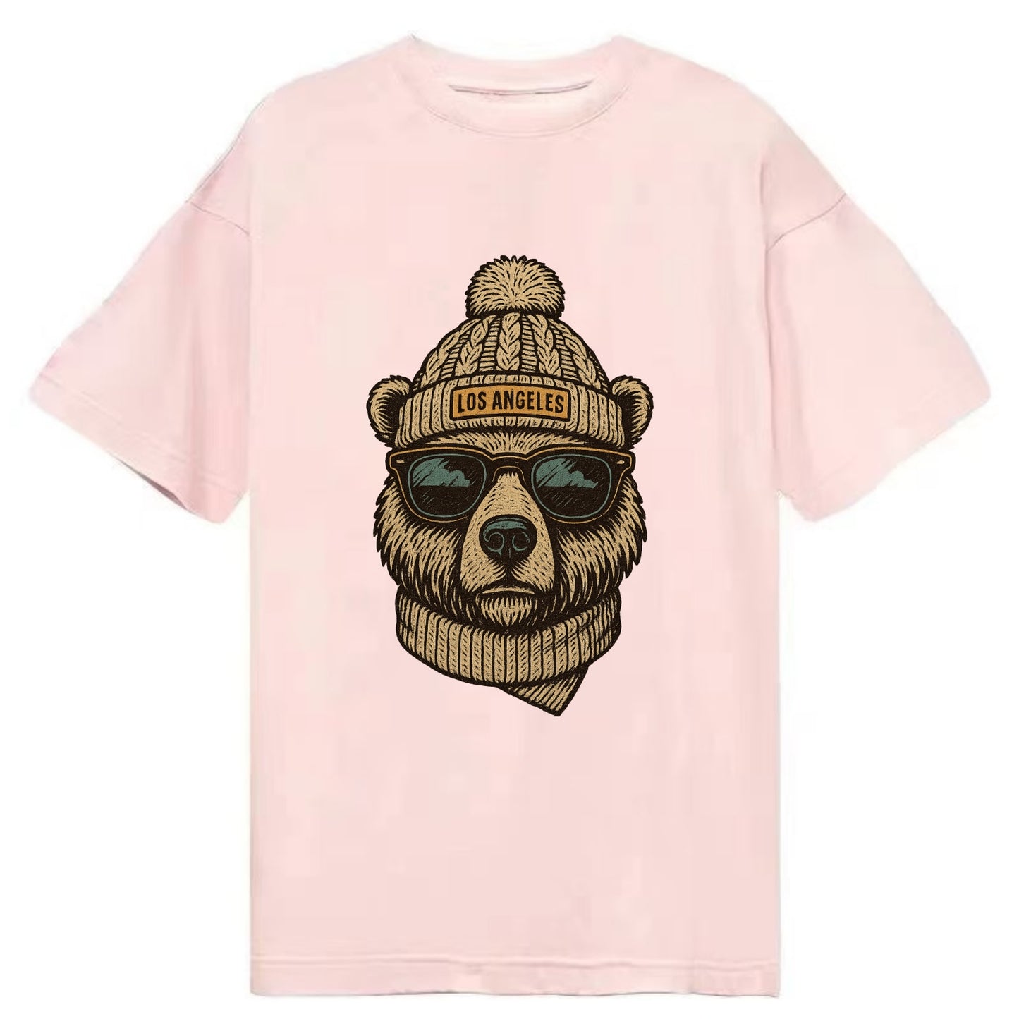 California Grizzly Bear wearing Los Angeles beanie with pom pom and wayfarer - Classic T-shirt - Pink