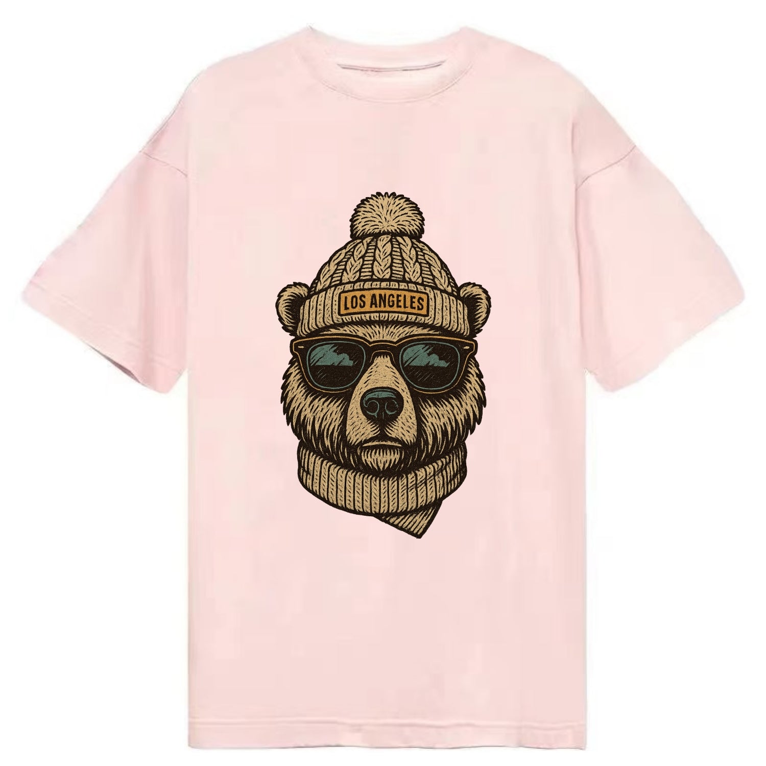 California Grizzly Bear wearing Los Angeles beanie with pom pom and wayfarer - Classic T-shirt - Pink