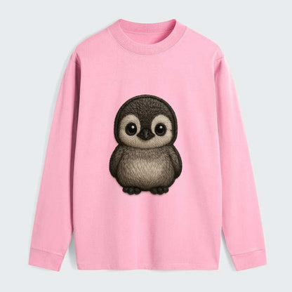Baby Penguin Chick - gray fluffy, white face, round body, front-facing, - Classic Long Sleeve Shirt - Pink