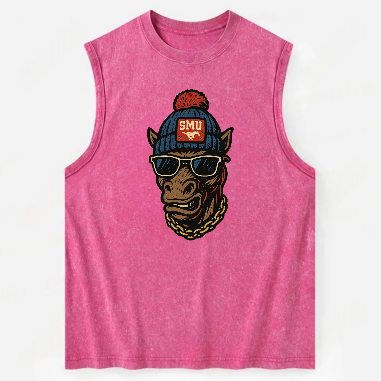 Dallas Mustang wearing SMU beanie with pony patch - Vintage Washed Tank - Pink