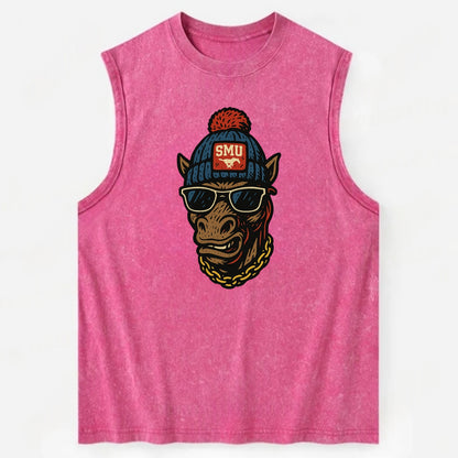 Dallas Mustang wearing SMU beanie with pony patch - Vintage Washed Tank - Pink