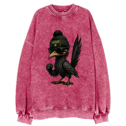 Vegas Roadrunner wearing Raiders beanie with neon patch and wayfarer sunglasses - Vintage Sweatshirt - Pink