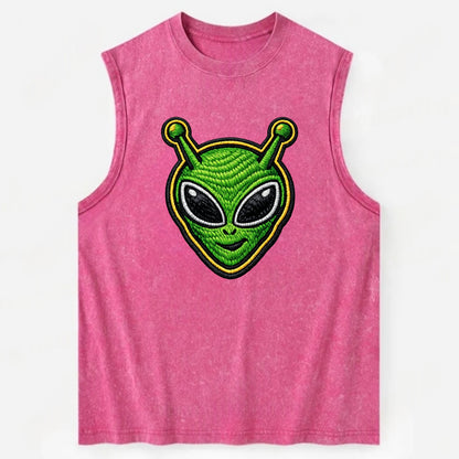 ALIEN MARTIAN - green alien with antenna in green , little green man - Vintage Washed Tank - Pink