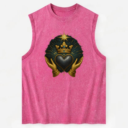 Pearl-studded tiara atop a satin-gunmetal heart supported by elegant - Vintage Washed Tank - Pink