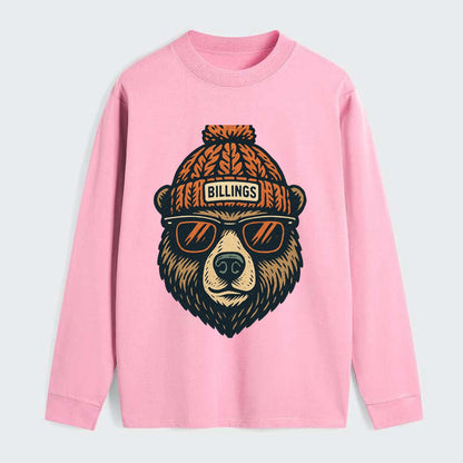 Montana Grizzly Bear wearing Billings beanie with pom pom and wayfarer - Classic Long Sleeve Shirt - Pink