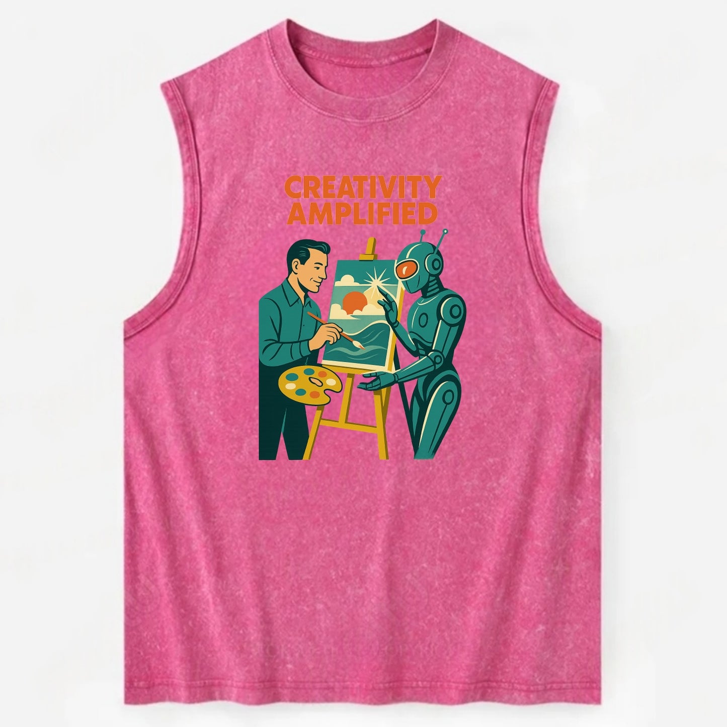 Artist and AI creating beautiful masterpiece together - "Creativity - Vintage Washed Tank - Pink
