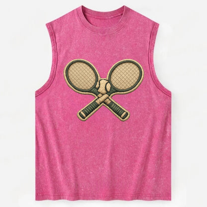 Embroidered patch design - TENNIS RACKET CROSSED - tennis rackets with ball - Vintage Washed Tank - Pink