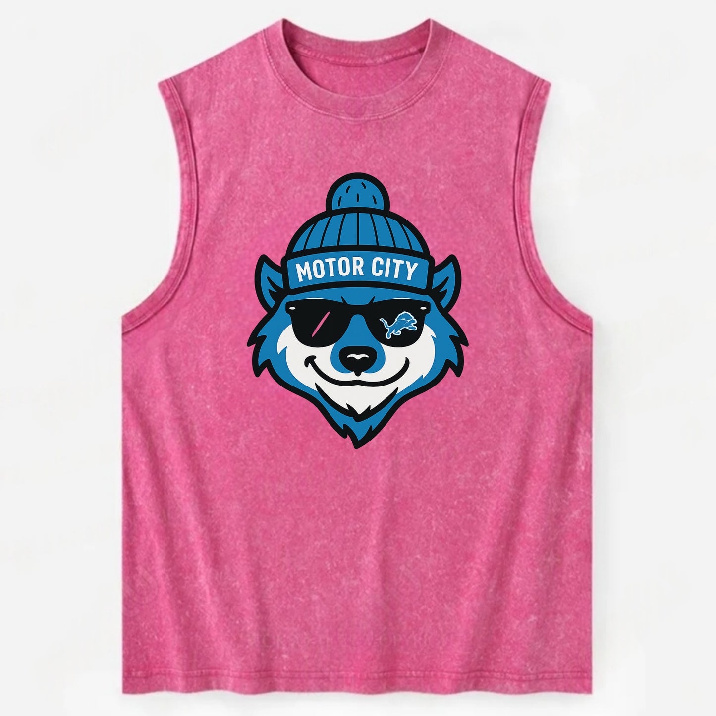 Motor City Wolverine wearing Lions beanie with gear patch and wayfarer - Vintage Washed Tank - Pink