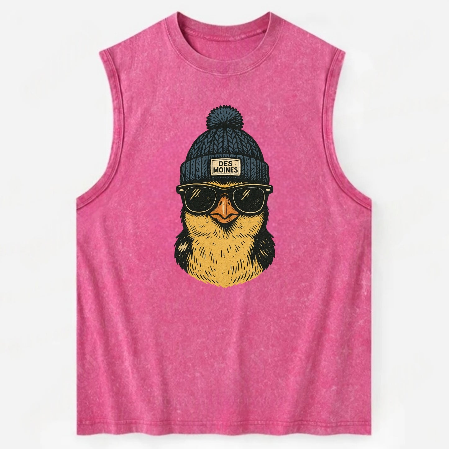 Iowa Goldfinch wearing Des Moines beanie with pom pom and wayfarer sunglasses - Vintage Washed Tank - Pink